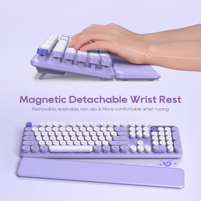 SABLUTE Wireless Keyboard and Mouse Combo, Cute Round Keycaps, Full-Size Retro Typewriter Keyboard with Detachable Wrist Rest, 2.4GHz Cordless Connection for Mac/Windows/PC/Laptop (Purple-Colorful) - Image 2